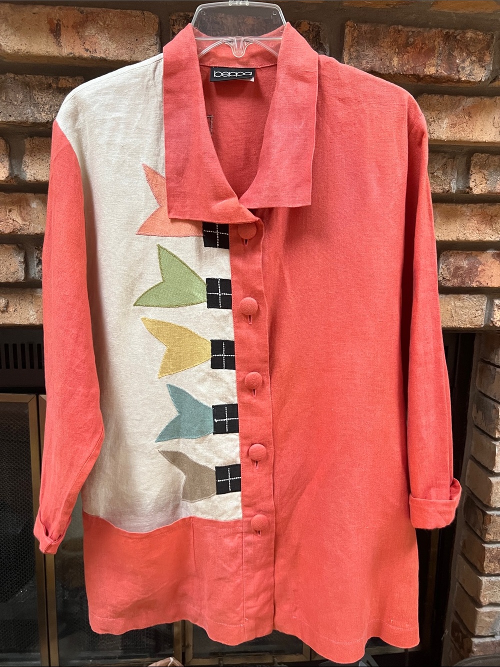 Vintage Beppa Coral and Cream Button-Front 3/4 sleeve Shirt/Jacket size M